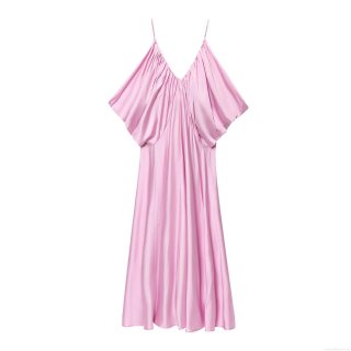 Women's Pink Satin V-Neck Suspender Mini Dress Loose Pleated European Street Style Sleeveless Backless Party Clubwear Casual Dress