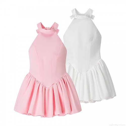 Women's Sexy Halter Neck Backless Satin Mini Dress With Bow Tie Sleeveless Pleated Puff Skirt Pullover Summer Streetwear Party Dress
