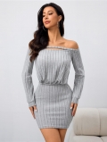 Women Sexy Off Shoulder Long Sleeve Ribbed Knit Mini Dress Slim Fit Grey Bodycon Sheath Party Short Dress Solid Color Elegant Clubwear