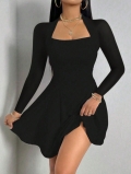 Women's Elegant Square Neck Long Sleeve Mini Dress Slim Fit Knit A-Line Short Dress For Party Dating Office Lady Sexy Backless Bodycon Dress