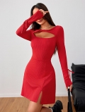 Women's Long Sleeve Rib-Knit Mini Dress With Cut-out Chest Side Slit Slim Fit Bodycon Dress Elegant Bow Tie Cuffs 100% Polyester Knit Outfits Fall Winter