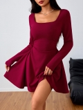 Elegant Square Neck Mini Dress For Women Long Sleeve High Waist Ruched Slim Fit A-Line Knit Polyester Spandex Party Dress For Daily Dating Autumn Winter