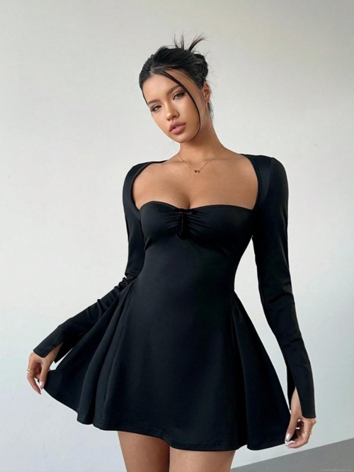 Women's Elegant Long Sleeve Square Neck Mini Dress Polyester Spandex Knit Slim Fit A-Line Party Dating Daily High-End Minimalist Black Versatile High Waist Bodycon Short Skater Dress