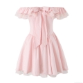 Women's Off-The-Shoulder Polyester Lace Mini Dress With Large Bow Detail Sweet Short Sleeve Patchwork Party Dress European Style
