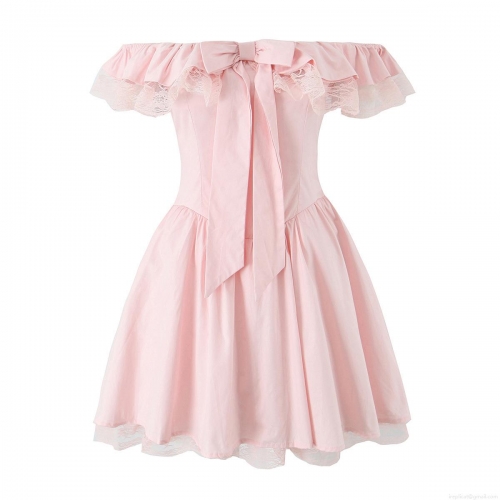 Women's Off-The-Shoulder Polyester Lace Mini Dress With Large Bow Detail Sweet Short Sleeve Patchwork Party Dress European Style