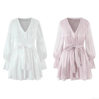 Women's Elegant V-Neck Long Sleeve Mini Dress Satin Ruched Tie-Waist Lantern Sleeve Ruffle Short Dress Chic Party Wedding Guest Solid Color Streetwear Dress