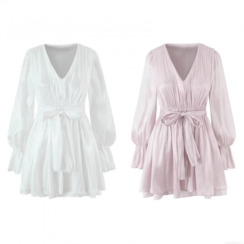 Women's Elegant V-Neck Long Sleeve Mini Dress Satin Ruched Tie-Waist Lantern Sleeve Ruffle Short Dress Chic Party Wedding Guest Solid Color Streetwear Dress