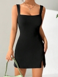 Elegant Women Square Neck Sleeveless Slip Dress Sexy Slim Fit Mini Bodycon Dress With Side Slit Backless Summer Party Clubwear Fashion Black