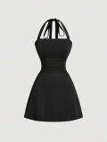 Women's Sexy Halter Backless Mini Dress Elegant Ruched High Waist Slim Fit Sleeveless Polyester Spandex Knitting Party Dress For Summer