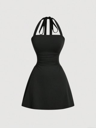 Women's Sexy Halter Backless Mini Dress Elegant Ruched High Waist Slim Fit Sleeveless Polyester Spandex Knitting Party Dress For Summer