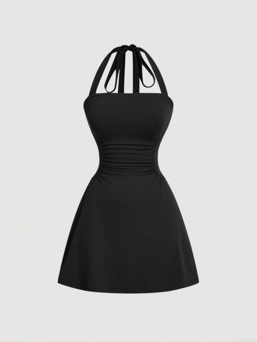 Women's Sexy Halter Backless Mini Dress Elegant Ruched High Waist Slim Fit Sleeveless Polyester Spandex Knitting Party Dress For Summer