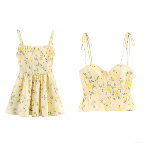 Women's Floral Print Polyester Camisole Mini Dress And Bustier Top Set Adjustable Bow Straps Ruffle Hem Slim Fit Back Zipper Summer Vacation Streetwear Outfit