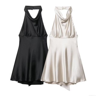 Women Halter Backless Satin Mini Dress With Large Bow Elegant Solid Color Polyester Sleeveless Party Evening Dress Streetwear Sexy Short Dress
