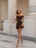 Sexy Women's Ruched Off-Shoulder Mini Dress Viscose Elastane Blend Bodycon Ruffle Hem Party Clubwear Summer Elegant Brown Short Dress