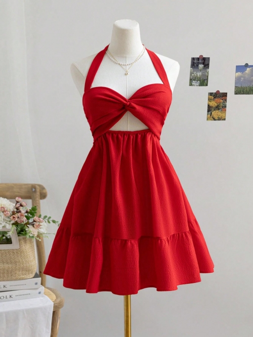 Women Halter Neck Backless Mini Dress Polyester Spandex Crepe Fabric Sexy Twist Front Hollow Out High Waist A-Line Short Summer Party Club Wear