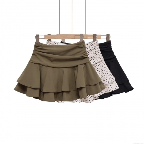 Women's High Waist Ruched Tiered Ruffle Mini Skirt Layered Pleated Polka Dot Solid Casual Streetwear Short Cake Skirt