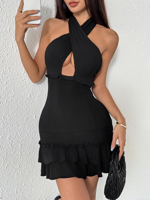 Women Halter Neck Cross Cut Out Mini Dress Sexy Backless Ruffle Hem Knit Bodycon Party Dress With Big Bow Back For Summer Cocktail Clubwear