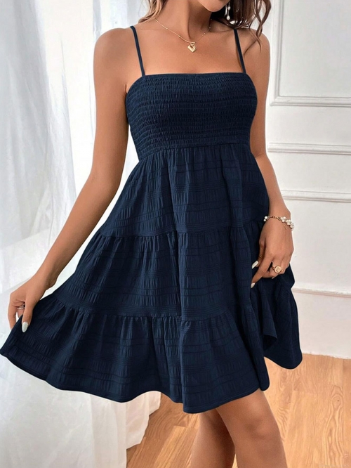 Women's Elegant Navy Blue Smocked Tiered Mini Dress Sexy Backless Sleeveless Sling A-Line Cake Skirt for Summer Party Vacation Casual Wear