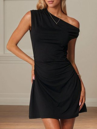 Elegant One Shoulder Mini Dress Sexy Bodycon Knitted Ruched Sleeveless Party Club Dress For Women Slim Fit Summer Fashion Cotton Blend Plain Black Short Dress