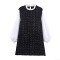 Elegant Women's Polyester Tweed Patchwork Mini Dress With White Chiffon Lantern Sleeve Ruffle Collar Black White Contrast Party Dress