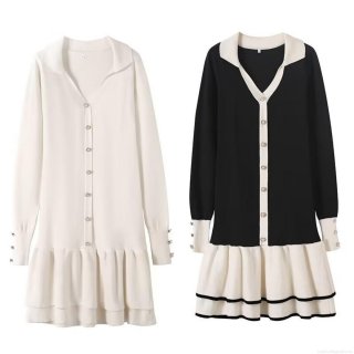 Women's Knitted Long Sleeve Mini Dress Contrast Color Lapel V-Neck Double Layer Ruffle Hem Polyester Button Down Slim Fit Bodycon Knitwear Dress For Autumn Winter Party Streetwear