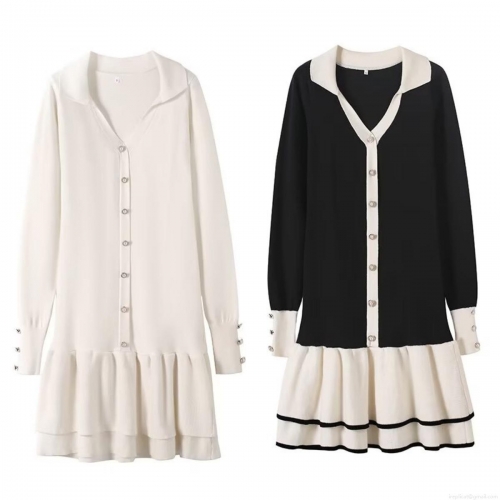 Women's Knitted Long Sleeve Mini Dress Contrast Color Lapel V-Neck Double Layer Ruffle Hem Polyester Button Down Slim Fit Bodycon Knitwear Dress For Autumn Winter Party Streetwear