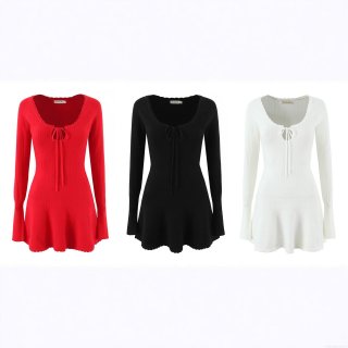 Women's Sexy Knit Mini Dress Scalloped Edge Tie-up Front Long Sleeve Ribbed Bodycon Autumn Dress for Party Dating Clubwear