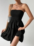Women's Sexy Black Strapless Smocked Mini Dress Solid Color Tiered Ruffle A-Line Tube Dress Summer Party Clubwear Sleeveless Night Out Sundress