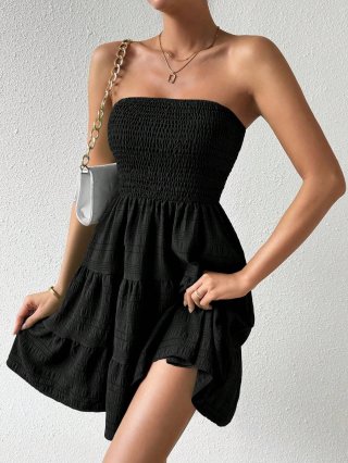 Women's Sexy Black Strapless Smocked Mini Dress Solid Color Tiered Ruffle A-Line Tube Dress Summer Party Clubwear Sleeveless Night Out Sundress