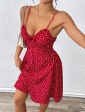 Women's Sexy French Style Red Heart Print Cami Dress Ruffle Trim Bow Tie Sleeveless Slim Fit Backless Mini Bodycon Dress For Summer Vacation Party