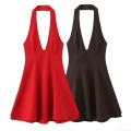 Women's Sexy Deep V-Neck Halter Backless Mini Dress Polyester Solid Color Sleeveless Party Club Dress For Women Streetwear