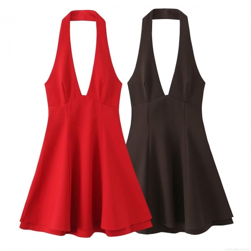 Women's Sexy Deep V-Neck Halter Backless Mini Dress Polyester Solid Color Sleeveless Party Club Dress For Women Streetwear
