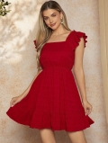 Women's Red Square Neck Mini Dress Elegant Flutter Sleeve High Waist A-Line Summer Dress Solid Color Textured Polyester Spandex Knit Party Vacation Clothing