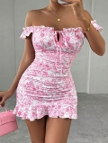 Women's French Floral Print Mini Dress Sexy Off-Shoulder Ruched Bodycon Short Skirt With Drawstring Ruffles For Vacation Party Sundress