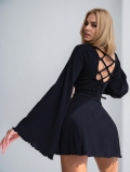 Women's Elegant Backless Knit Mini Dress Sexy Ribbed Flare Sleeve Cross Tie Back Slim Fit Short Dress Solid Color Autumn Winter Outfit