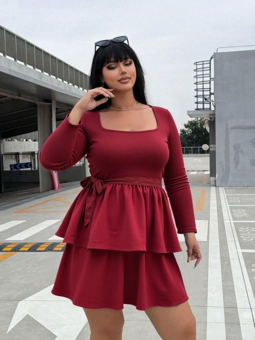 Women Square Neck Long Sleeve Ribbed Knit Mini Dress Tiered Ruffle Hem With Bow Tie Waist Solid Color Sexy Slim Fit Short Dress For Women Party