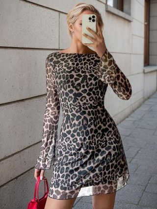 Women's Sexy Leopard Print Off-the-Shoulder Backless Mini Dress High Waist Long Sleeve Slim Fit Knitted Bodycon Party Dress Polyester Spandex Clubwear