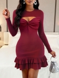 Women's Sexy Hollow Out Twist Front Ribbed Knit Long Sleeve Mini Dress Double Layer Ruffle Hem Bodycon Party Clubwear Dresses Wine Red
