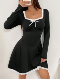 Women Elegant Black Knitting Long Sleeve Mini Dress White Lace Trim Contrast Bow Square Neck Slim Fit A-Line Short Dress For Fall Winter Date Night