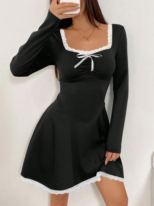 Women Elegant Black Knitting Long Sleeve Mini Dress White Lace Trim Contrast Bow Square Neck Slim Fit A-Line Short Dress For Fall Winter Date Night