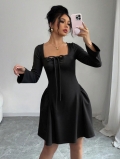 Women's Sexy Black Long Sleeve Mini Dress Square Neck Bodycon Knit Party Dress With Bow Tie Knot And Ruched Detail Elegant Autumn Winter Clubwear Evening Dress