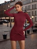 Women's Sexy Backless Bodycon Mini Dress Long Sleeve Mock Neck Ruched Knit Cocktail Party Night Club Slim Fit Dress Burgundy