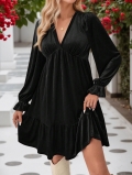 Women's Elegant Velvet V-Neck Long Sleeve Mini Dress Ruffle Cuffs High Waist Slim Fit A-Line Party Cocktail Dress Autumn Winter Polyester Spandex Solid Color Ladies Clothing