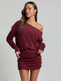 Elegant Off Shoulder Slant Neck Long Sleeve Knit Bodycon Dress Women Sexy Ribbed Solid Color Autumn Winter Mini Party Clubwear Dress