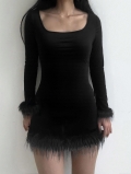 Women's Sexy Slim Fit Velvet Bodycon Mini Dress Elegant Long Sleeve Square Neck With Faux Fur Feather Trim Solid Color Party Evening Dress