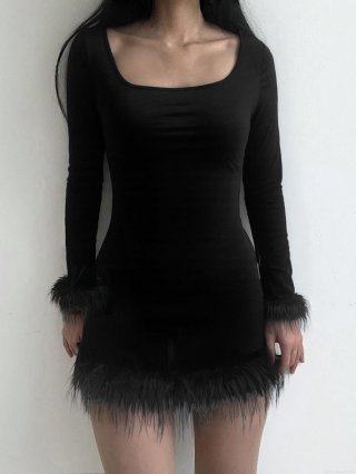 Women's Sexy Slim Fit Velvet Bodycon Mini Dress Elegant Long Sleeve Square Neck With Faux Fur Feather Trim Solid Color Party Evening Dress