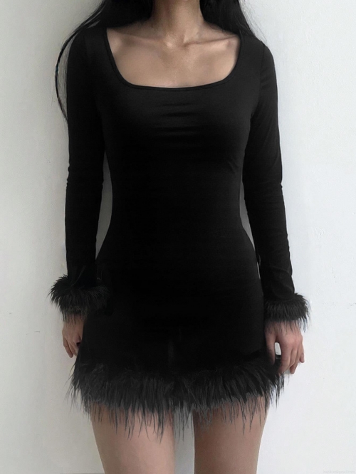 Women's Sexy Slim Fit Velvet Bodycon Mini Dress Elegant Long Sleeve Square Neck With Faux Fur Feather Trim Solid Color Party Evening Dress