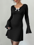 French Hepburn Style Knitted Black White Contrast Trumpet Sleeve Slim A-Line Mini Dress Ribbed Texture Bow Lettuce Edge Long Sleeve Dress For Women