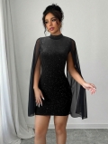 Sexy Black Sequin Bodycon Mini Dress With Sheer Mesh Cape Sleeves High Neck Glitter Party Evening Gown For Women Elegant Clubwear Slim Fit Cocktail Dress