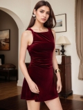 French Retro Wine Red Velvet Mini Dress For Women Ruched Bodycon Slim Fit Sleeveless Square Neck Elegant Sexy Evening Party Night Club Outfits